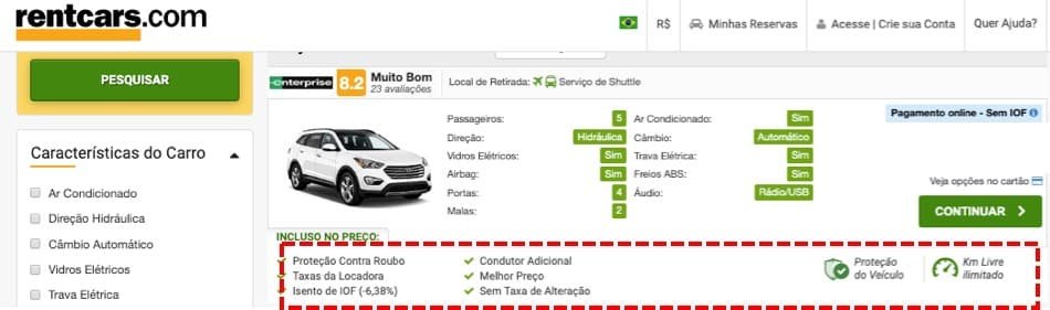 Site da RentCars com as informações do aluguel de carro 