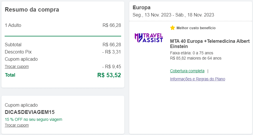 Área de fechamento de pedido com cupom Dicas de Viagem para seguros da My Travel Assist com 15% de desconto