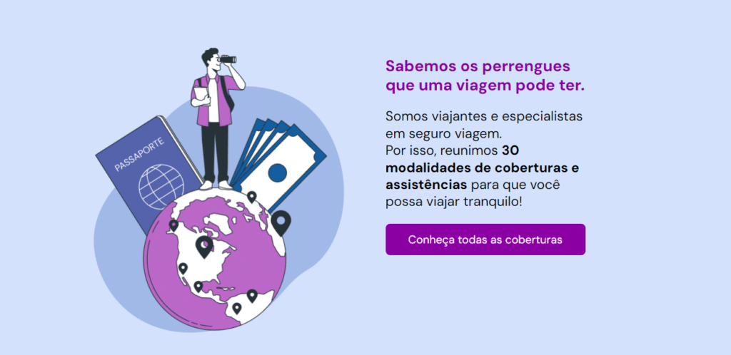 print da tela do site da My Travel Assist, em que é possível ver uma ilustração de viajante em cima de um mundo, com as informações de que a empresa foi criada por viajantes